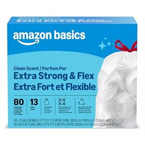 Amazon Basics Ultra-Force Tall Kitchen Drawstring Trash Bags, Classic Clean Scented, 13 Gallon, 80 Count, Pack of 1, Packaging May Vary