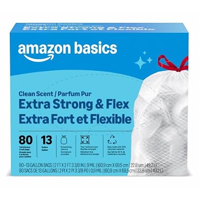 Amazon Basics Ultra-Force Tall Kitchen Drawstring Trash Bags, Classic Clean Scented, 13 Gallon, 80 Count, Pack of 1, Packaging May Vary