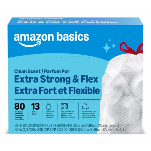 Image of Amazon Basics Ultra-Force Tall Kitchen Drawstring Trash Bags, Classic Clean Scented, 13 Gallon, 80 Count, Pack of 1, Packaging May Vary