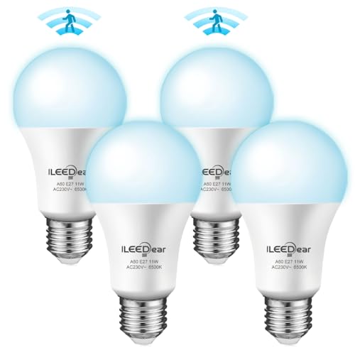 ILEEDear Lampadina LED E27 con Sensore di Movimento Radar 5,8GHz, 11W Luce Fredda 6500K, per Veranda, Giardino, Porta d’Ingresso e Corridoio (4 Pezzi). Sconsigliato per l'uso in interni.