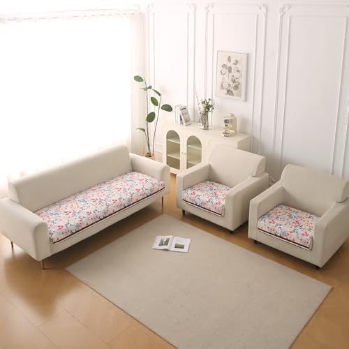 Image of HOKIPO 'Florentina Series' Premium Holland Velvet 5 Seater Sofa Cover Mat in 3+1+1 Configuration with Foam Filling for Extra Softness, Anti-Slip Backing, Scarlet Rose Ivory (IN-881+878 * 2-V4)