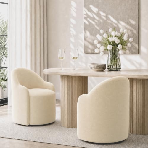 Image of KISLOT Upholstered Dining Chairs Set of 2 with Caster, Pre-Assembled, Sand | Modern Dining Room Chairs with Wheels, Rolling Vanity Chair with Round Backrest for Kitchen, Bedroom, Dressing, Linen Fabric