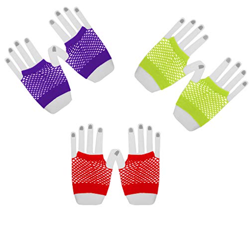 Yujum 3 Pairs Punk Goth Women Disco Dance Costume Lace Mesh Fishnet Gloves Fashion Summer Candy Colors Gloves