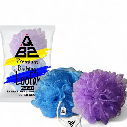 Image of QBZ Large Bath Loofah Sponge Scrubber Exfoliator for High Lather Cleansing (SKY BLUE & PURPLE, 1 Count (Pack of 2))