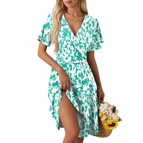 blümchenkleid Damen Sommerkleid Damen V Ausschnitt Kurzarm Strandkleid Knielang Blumen A-Linie Kleid Loose Swing Freizeitkleid Summer Dress Tshirt...