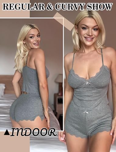 Image of Avidlove Women's Soft Ribbed Knit Cami Pajama Set Sexy V Neck Lace Trim Sleepwear Side Slit Shorts Lingerie Nightwear