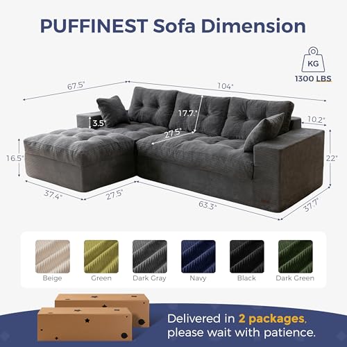 Image of MAXYOYO 104 inch L Shaped Modular Sectional Sofa with Ottoman, Cloud Boneless Couch with Layered Cushion, Upholstered Sofa in a Box, Flexible Module Combination for Living Room, No Assembly, Dark Grey