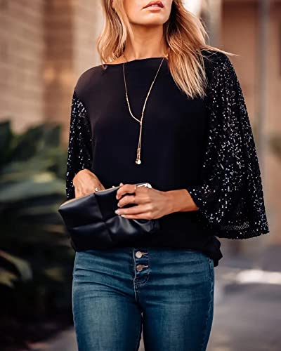Fansi Nova Womens Flutter Sleeve Boatneck Sparkly Holiday Party Blouse Casual Loose Sequin Tunic Tops (Black,L) #TOP4