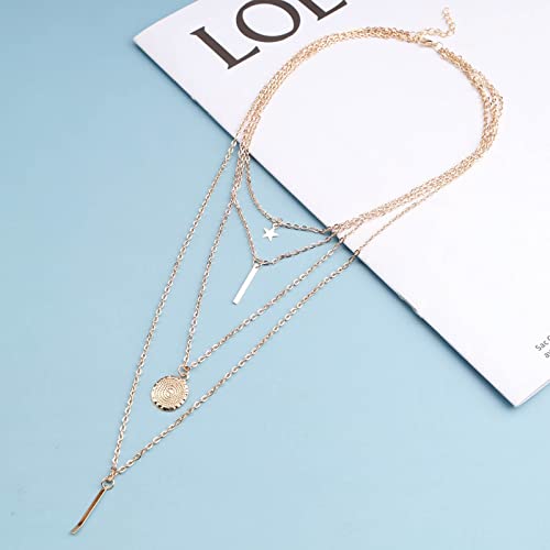 Dervivea Bohemia Layered Necklace Choker Vertical Bar Pendant Necklace Multi layer Bar Disc Necklace Gold Long Necklace Chain Jewelry for Women and Girls - Image 6