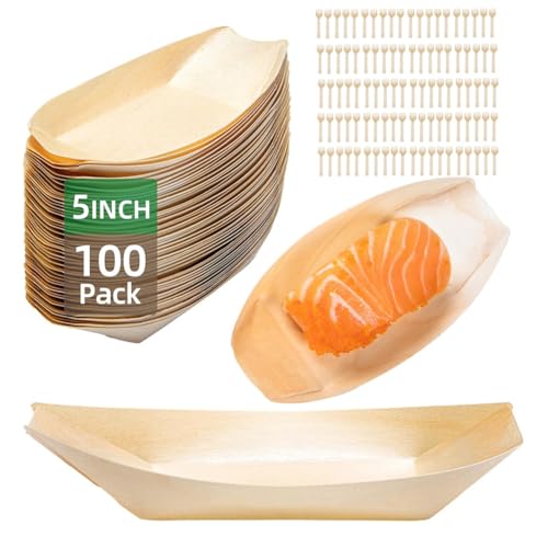 Bosiyrggrl Juego de 100 Platos Desechables de Madera, Platos de, Bandejas de Comida, Platos de Postre Desechables y Barquitos de Comida Desechables.