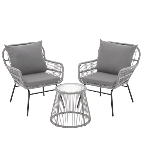 EROMMY 3-Piece Boho Patio Conversation Bistro Set, Outdoor All-Weather Wicker Balcony Furniture with Tempered Glass Top Table & 2 Wide Ergonomic Armchairs, Seat Cushions for Porch Backyard, Gray