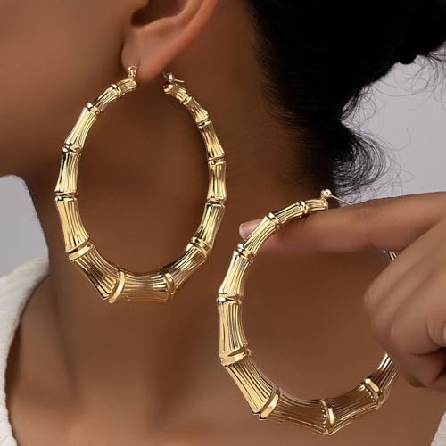 Bamboo Earrings for Women 90s Outfits for Women Large Gold Bamboo Hoop Earrings Hip Hop 80s 90s Jewelry Gifts Party Custom Accessories2