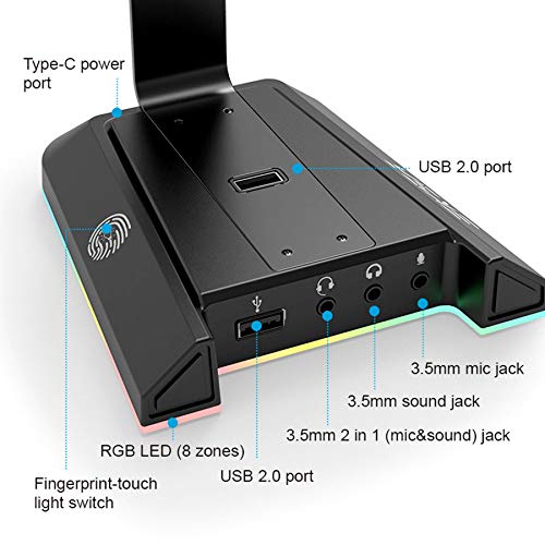 EKSA Headphone Stand, RGB Gaming Headset Stand for Desk with 7.1 Surround Sound, Headphone Holder with 3.5mm Aux and 2 USB Ports, Aluminum PC Gamer Headset Accessories for All Headphones Size - Thumbnail 4