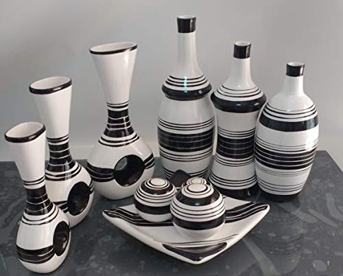 Conjunto Cerâmica Jogo Trio Vasos Keppy & Furo + Fruteira M. (Listrado branco e preto)