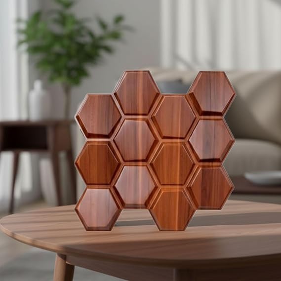 Planetarrium Hub 3D PVC Wall Panel Textures Hexagon Design Pack of 5 (19.7" X 19.7" Covers 32.28 Sq. ft.) (Darkwood)