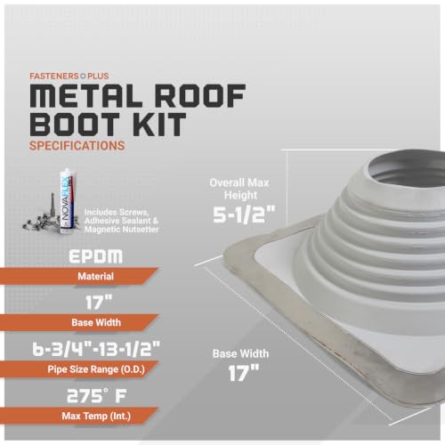 Image of Fasteners Plus #8 Square EPDM Metal Roof Pipe Flashing Boot with Complete Install Kit (Fits 6-3 /4 inch - 13-1 /2 inch Pipe OD), Gray