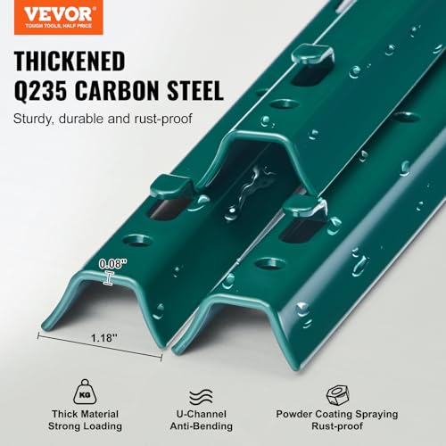 VEVOR 3 Feet Fence Post, 10 Pack U-Channel Heavy Duty Metal Fence Posts with 20 Zip Ties & 20 Clips, Sturdy Steel Fence Stakes for Garden Yard, Lawn, Farms and Outdoor Wire Fencing, Green