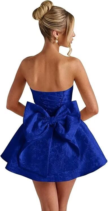 Strapless Short Homecoming Dresses for Teens Satin A-line Formal Prom Party Dress Mini Length with Bow
