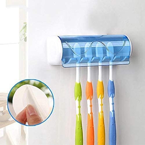 Image of Self Adhesive Plastic Toothbrush Holder with Dustproof Cover | Wall Mounted 5-Slot Toothbrush Organizer for Bathroom | Toothbrush and Toothpaste Storage Stand for Kids, Adults (Multicolour, Pack of 1)