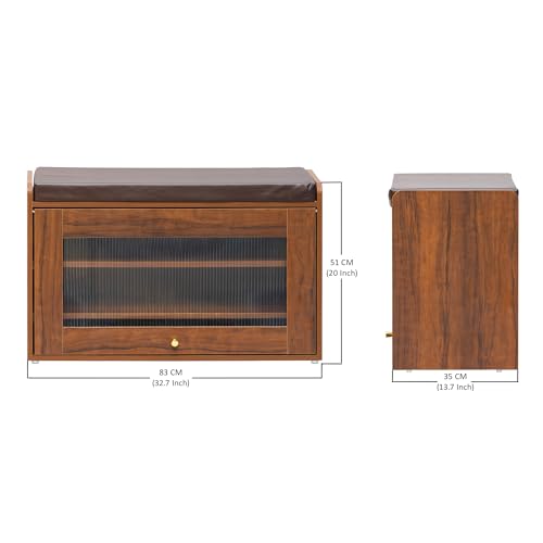 Image of Rocco Rosso Shoe Cabinet with Seat for 12 Pairs | Lift-Up Acrylic Fluted Shutter | Engineered Wood Shoe Rack Bench with Adjustable Shelves | Scratch-Resistant | Hallway Bedroom Entryway (Teak Brown)