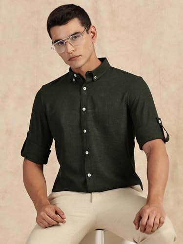 Image of Thomas Scott Men's | Solid | Textured Fabric | Full Sleeve | Slim Fit | Polyester-Blend | Spread Collar | Casual Shirt