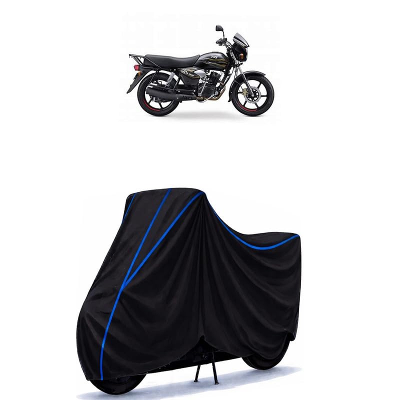 Image of TVS HLX 150 5 Gear DISC Bike Cover Water Resistant Universal Motorcycle Rain | Heavy Duty UV Protection, Dust, Scratch Indoor Outdoor All Weather with Black Blue Piping Elastic