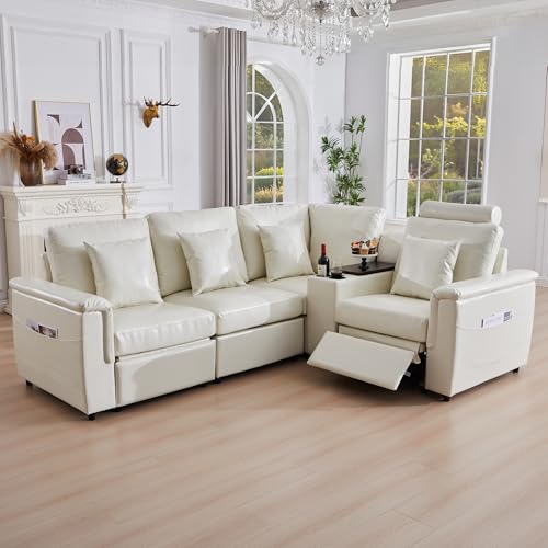 Image of RARZOE Faux Leather Sectional Sofa with Power Recliner, L Shaped PU Leather Couch with Storage Console Charging Cup Holders, 4 Seater Oversized Modular Reclining Couches for Living Room,Beige