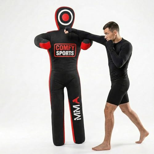MMA Dummy Judo Grappling Dummy Punching Bag Brazilian BJJ JIU Jitsu Standing Position Dummy Wrestling Martial Arts Boxing Karate Training Dummies - Canvas - UNFILLED (Red 59 (Inch))