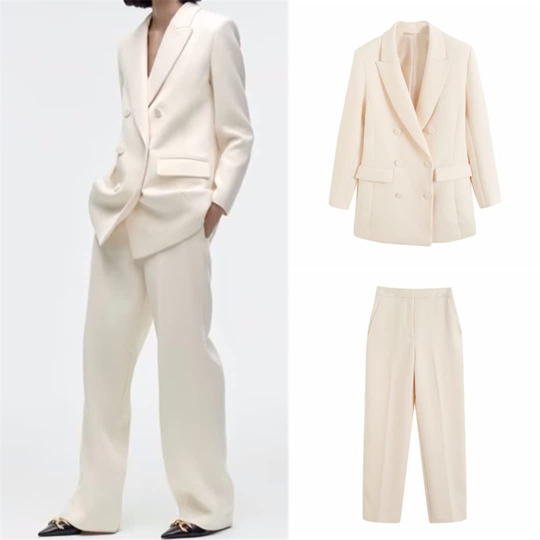 Set di due pezzi lunghi a doppio petto da donna primaverile a vita alta pantaloni a gamba larga