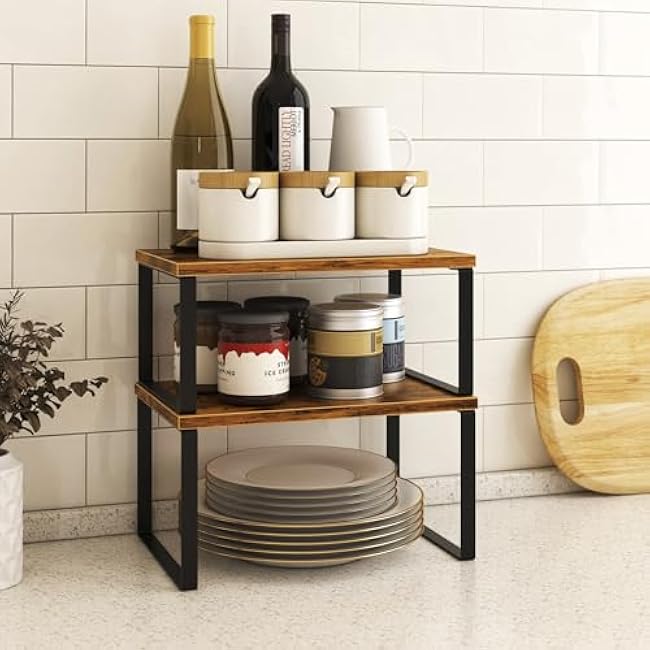 Kitchen Cabinet Organizer Shelf Set of 4, Sturdy Kitchen Counter Shelves with Metal Legs, Stackable Expandable Wood Spice Rack Pantry Cupboard Dish Mug Cup Storage Organizer Shelf, Rustic Brown