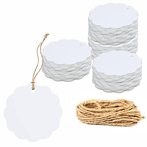 200 étiquettes-cadeaux Kraft Blanc festonnée avec 30 mètres de ficelle de jute naturelle pour l’emballage d’artisanat (6 cm de diamètre) Cover