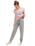 DIDK Damen Schlafanzug Set mit Slogan Kurzarm Shirt und Lang Schlafanzughose Sleepwear Pyjama Set, Rosa+grau, XS