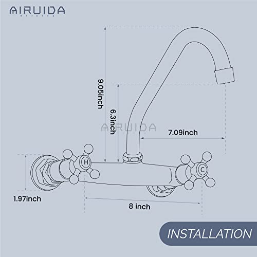 Airuida Antique Brass Wall Mount Commercial Sink Faucet, 8 Inch Center Wall Mounted Kitchen Faucet 360 Swivel Spout 2 Hole Double Cross Handles Utility Laundry Restaurant Bar Mixer Tap #TOP5