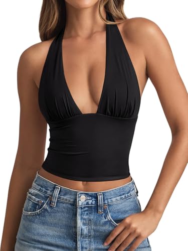 REORIA Women's Plunge Neck Backless Shirts Double Lined...