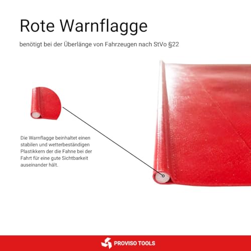 PROVISO TOOLS Rote Fahne Überlänge nach StVo §22, Warnflagge, rote Flagge, Ladungssicherung, Warnfahne, rote Fahne für Transport mit Gummiseil - 30x30cm