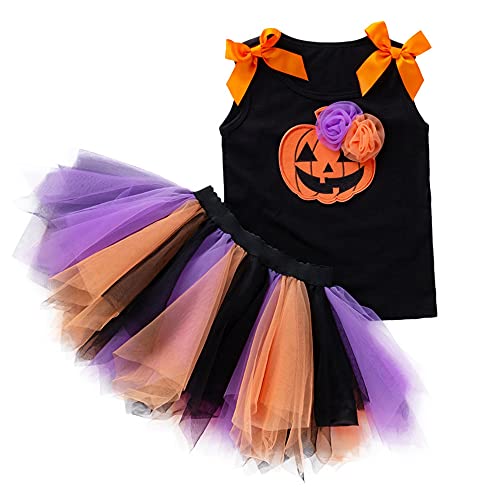 TMOYJPX Halloween Disfraz Niña 2-7 años Calabaza Calavera, Disfraces Ropa Niña Conjunto Falda Tutú + Camiseta, Disfraz Princesa Originales (A, 2 años)