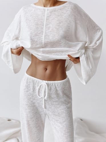 Hilinker Women's Sheer Mesh 2 Piece Pajama Set See Through Long Sleeve Top and Pants Lounge Sets2