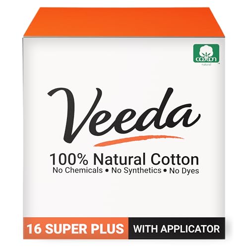 Veeda 100% Natural Cotton Tampons - Super Plus Absorbency with Leak Proof Protection - Compact BPA-Free Applicator - Unscented & Free from Chlorine, Toxin - 16 Count