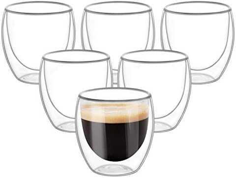 Double Wall Cups Glass 8 OZ - Set of 6, Insulated Thermal Mugs Glasses For Tea, Coffee, Latte, Cappucino, Cafe, Milk
