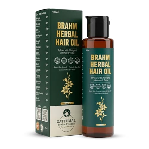 Image of BRAHM HERBAL Ayurvedic Hair Oil for Hair Growth | Stimulates Hair Growth, Controls Hair Fall & Dandruff | Herbal Mix Hair Oil for Men & Women | Powered By 15 Ayurvedic Herbs - Bhringraj, Jatamansi, Ratanjot, Amla & More | No Added Chemical & Mineral Oil | (100 ML)