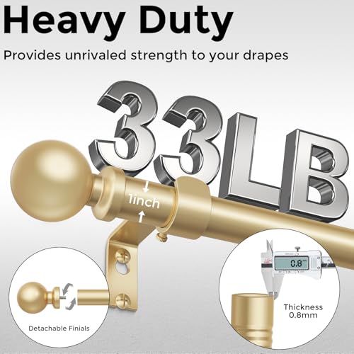 Gold Curtain Rods for Windows 30 to 56 Inch, Adjustable Heavy Duty 1" Diameter Decorative Curtain Rod with Matte Gold Round Finials, Modern Easy Install Extendable Metal Drapery Pole Set