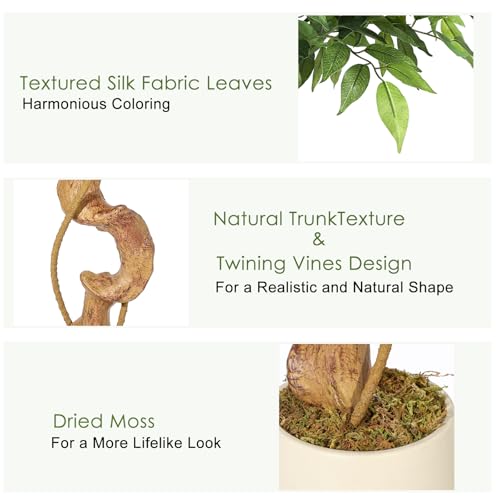 GarveeHome Ficus Artificial Tree with Curved Trunk,5 Feet Faux Plant Fake Silk Trees with White Pot, Fake Ficus Tree for Home Decor, Artificial Plants Indoor for Office Living Room