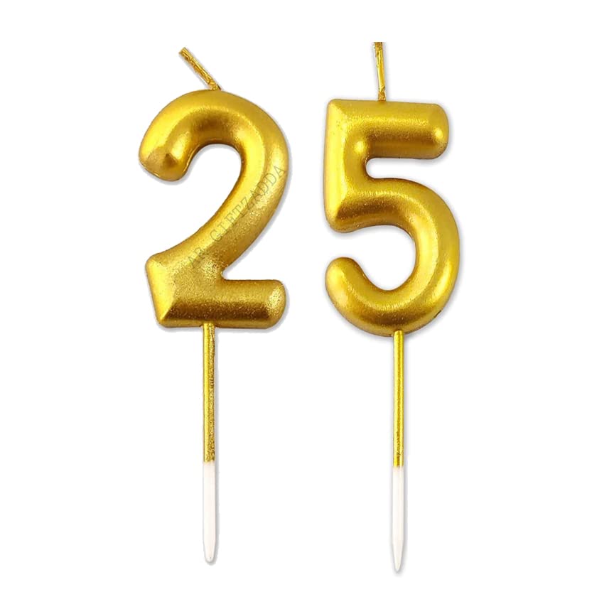 Image of 25 Number Golden Chrome Candle Cake Topper for 25th, 52nd Birthday /Anniversary Party Celebrations (25 Number Gold Chrome Candle)
