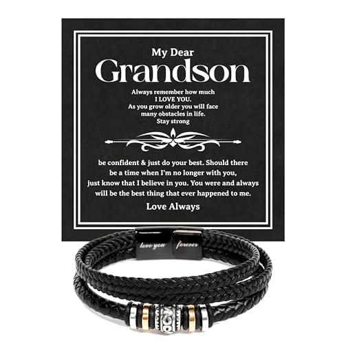 To My Grandson Bracelet from Grandma & Grandpa Grandson Leather Bracelet with Message Card & Gift Box Meaningful Bracelet for Grandson for Birthday Graduation Mens Forever Love Bracelet Grandson #2