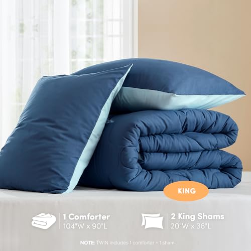 Image of Comfort Spaces King Comforter Set Vibrant Reversible Comforters King Size Quilted Bedding Set, All Season Lightweight Bedding, Soft Microfiber Comforter, Vixie, Navy /Light Blue King 3 Piece