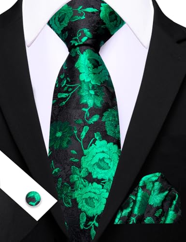 Image of Barry.Wang Flower Ties for Men Handkerchief Cufflinks Set Wedding Necktie Set Party