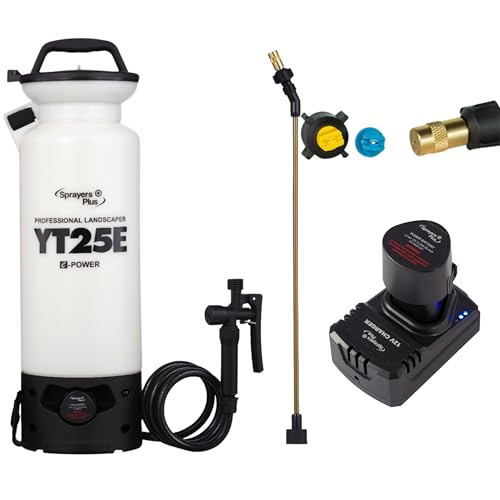 Sprayers Plus YT25E Battery Sprayer - 12V Lithium-ion with Viton Seals & O-Ring, Brass Wand & Nozzle & Shoulder Strap, 2 Gallon