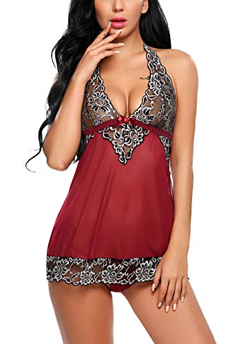 Avidlove Sexy Lingerie for Women Halter V-Neck Lingerie Lace Babydoll Mesh Chemise Nightwear Outfits Dark Red S