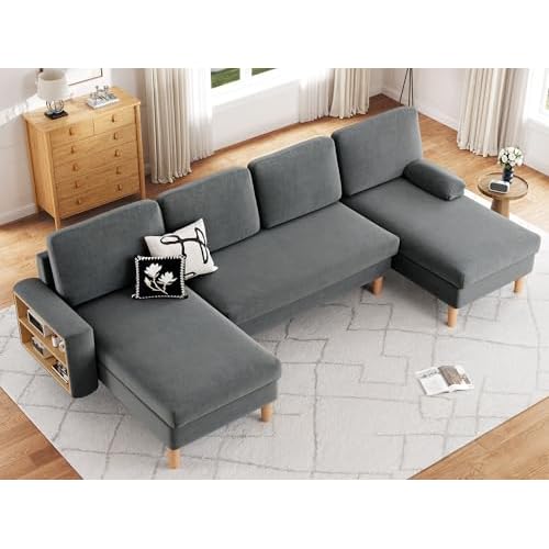 YITAHOME 109'' U Shape Sectional Sofa Couch, 4 Seat Sofa Set with Double Chaise, Armrests w/Cup Holder/Storage, 4 Thick Cushions, Wood Sectional Couches for Living Room, Apartment, Office, D