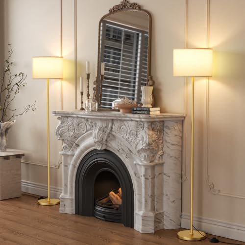 Image of Ambimall 60'' Modern Floor Lamp Set of 2, 2PK Tall Lamps for Living Room Bedroom, Beige Shade with Gold Pole(Without Bulb)